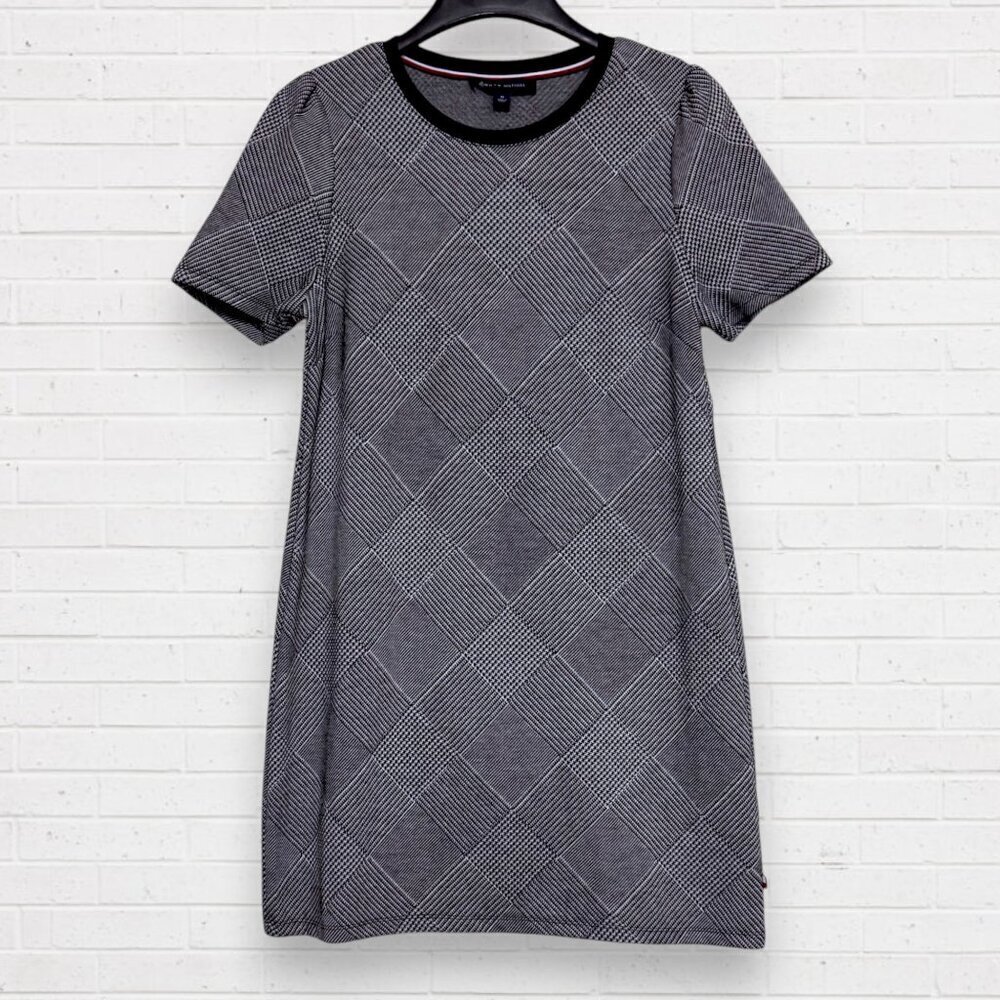 TOMMY HILFIGER Black/White Houndstooth Knit Short Sleeve Shift Dress Womens M